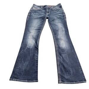 Rock Revival Calli Bootcut Jeans Women Size 31 Dark Wash Embellished Pockets 3b2